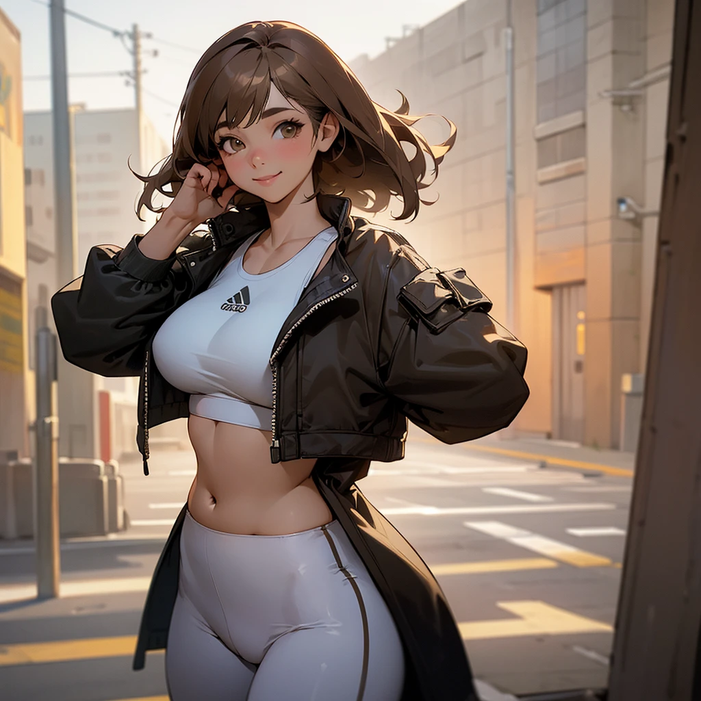 Best Quality, ultra high resolution, (photorealistic:1.4), 1 girl, loose and oversized black jacket, White sports bra, (yoga pants:1), (Light brown hair:1.2), looking at the viewer, smiling, fat body, streets, urban, make up, wide angle