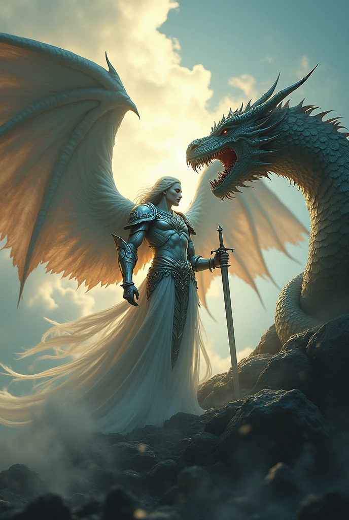 Wallpaper of an image of a warrior angel with big wings, with the sword facing a dragon.