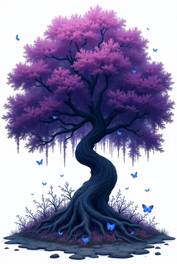 illustration, flowering tree, dark with dark purple details, with blue details, enchanted garden theme, white background