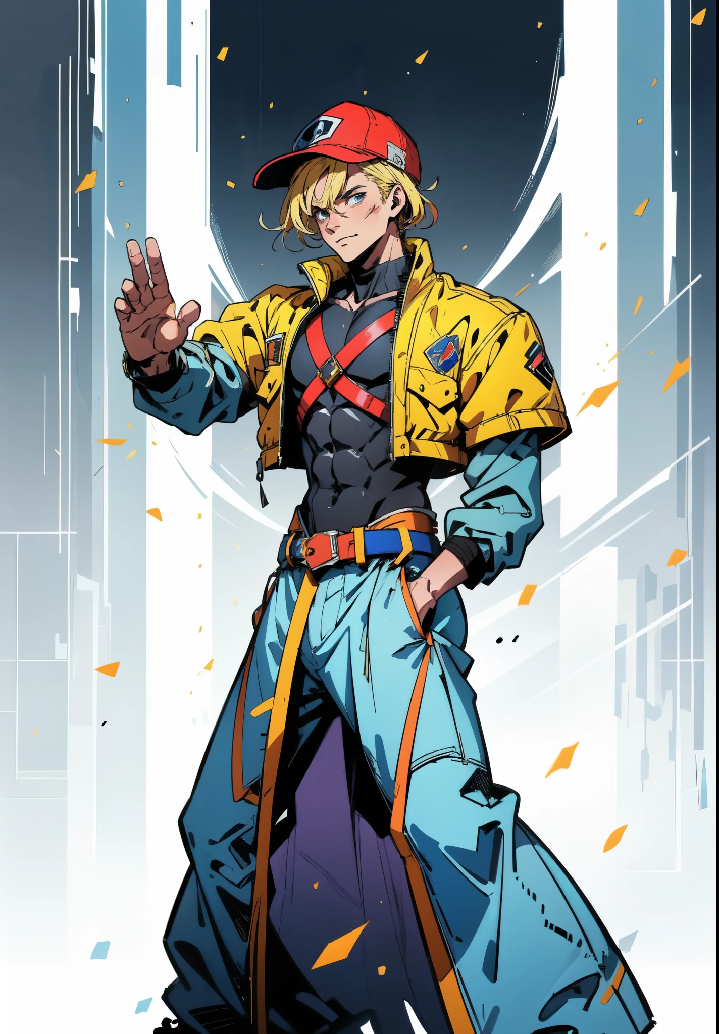 (masterpiece:1.2, best quality:1.2, extremely delicate:1.2), ((male:1.5)), a young man with blonde hair, wearing a red baseball cap backward, messy bangs windblown, a handsome face, a lazy gaze, a confident smile, a fantasy-realism style blue work vest jacket, a dark blue denim long robe underneath, featuring a long hem, a leather belt, loose coarse cloth trousers, strikes a kung fu pose in a horse stance, as fallen leaves are swept up by a whirlwind around him, this character embodies a finely crafted fantasy-realism style kung fu warrior in anime style, exquisite and mature manga art style, dramatic, high definition, highres, ultra-detailed, ultra-fine painting, professional, perfect body proportions, golden ratio, anatomically correct, symmetrical face, extremely detailed eyes and face, high quality eyes, creativity, RAW photo, UHD, 32k, Natural light, cinematic lighting, (masterpiece-anatomy-perfect:1.2)