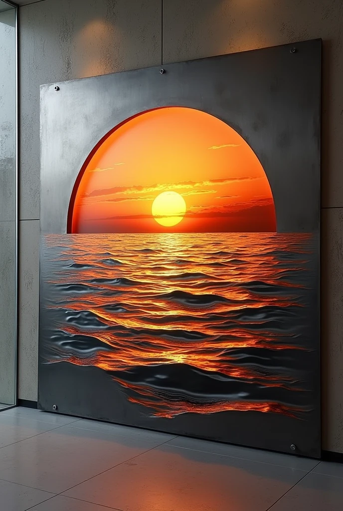 Horizontal steel sheet design carved with the sunset sun setting in the sea
