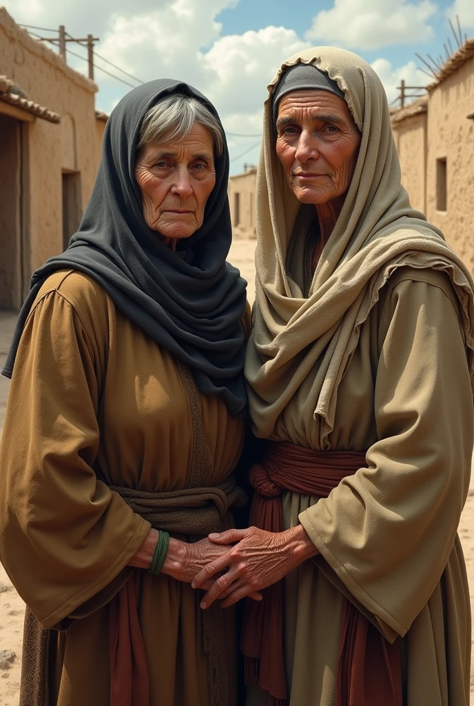 Realistic images of Ruth and Naomi from the Bible that have a people from that time long ago, showing that they have already passed it
