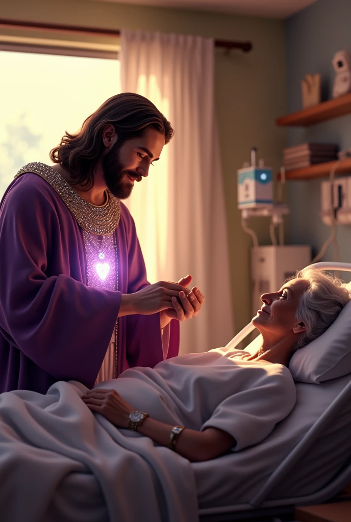 (photorealism:1.2), handsome Jesus Christ holding the hand of an old patient, sitting on bed beside of old patient that laying in bed in the hospital with many apparatus attach, wearing a purple color of king clothes with light in his heart and head sparkling all over, many diamonds, nice hair, indoors, soft lighting, hospital bed in the background, window with sunlight, cozy room, relaxed pose, realistic, intricate details, warm colors,