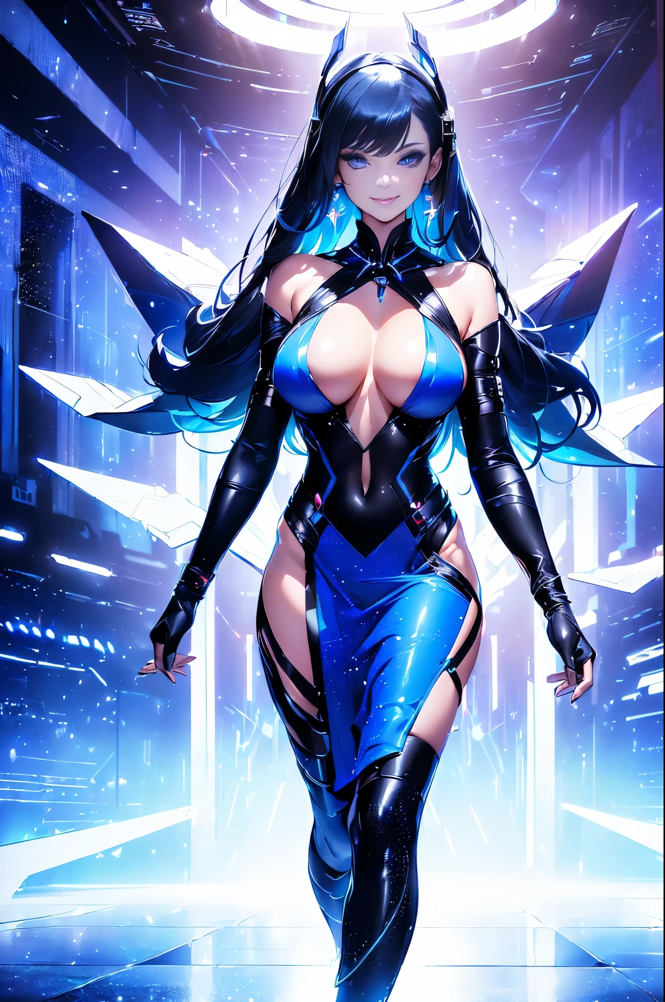 (Future World Fashion Show: 1.5),(Future sci-fi beauty model catwalk: 1.5), Smiling female model,Elegant and dignified posture,Wearing a blue dress,Blue fluorescence,Starry sky pattern,The secrets of the universe,Future distribution,Silvery white glow,Soft touch,Silver-blue eye makeup,Cosmic Starlight,virtual future runway,(Sci-fi Fashion Fashion Show: 1.5),(Huge high-tech catwalk: 1.5),(There was only one female model at the catwalk),Realistic images,8K, Ultra high quality, masterpiece, precise, Textured Skin, High Detail, best quality, Awards,((Long-range shooting,Sense of distance,Full body image))