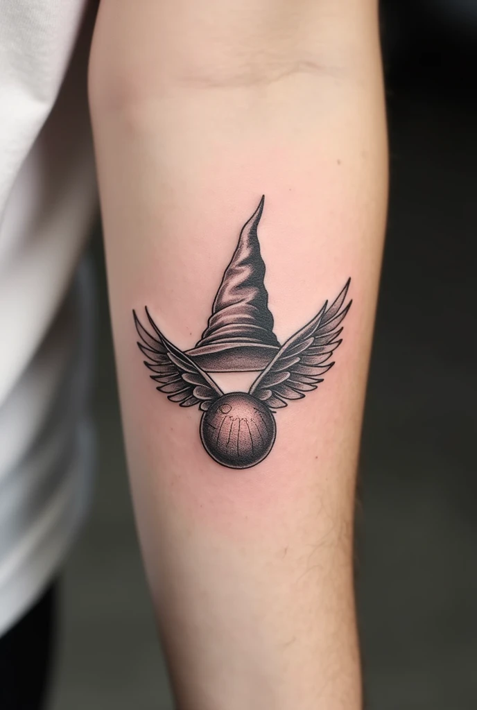 Harry Potter Golden Snitch Tattoo Small Size, all in black And another tattoo of the Harry Potter sorting hat with the same characteristics.

I want both tattoos together 