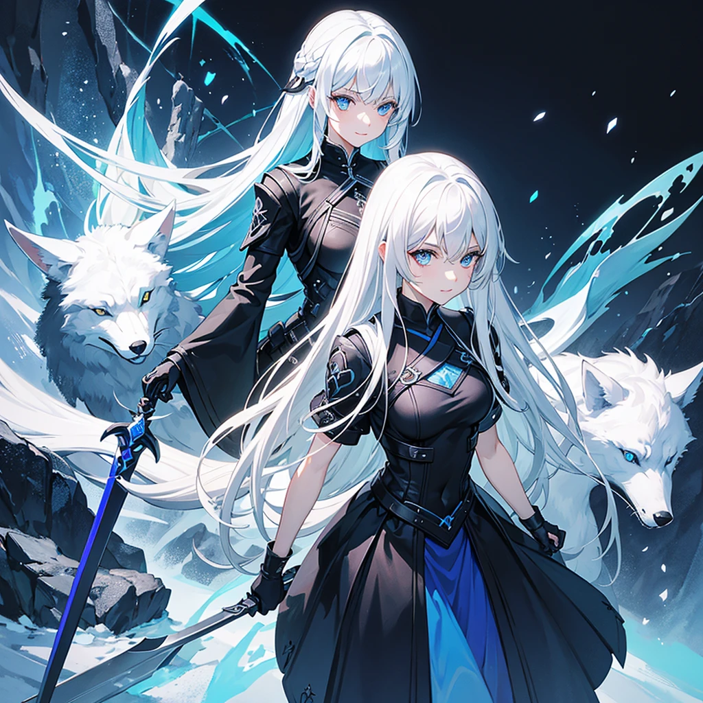 A beautiful girl with white hair and blue eyes, She is smiling, with a black and blue outfit and a sword on his back, She is an adventurer in a fantasy world and has a white fox by her side