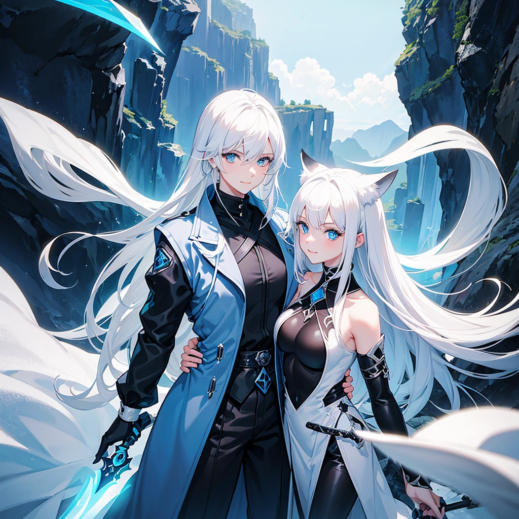 A beautiful adventurous girl with white hair and blue eyes, She is smiling, with a black outfit with blue details and a sword on his back, there is a white fox by his side, Fantasy world