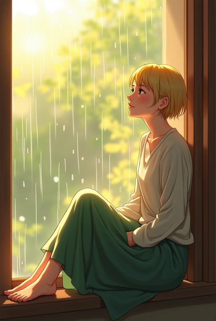 in harmony Emily sat by her window, watching the **soft rain** fall in delicate patterns against the glass.mixed with warm sun , white women with blonde short hair and No deformities in the face, hands and body and smile in her face And eyes shining with joy She looks like a normal human being.Without distortions Wearing a long sleeved shirt and a long green skirt