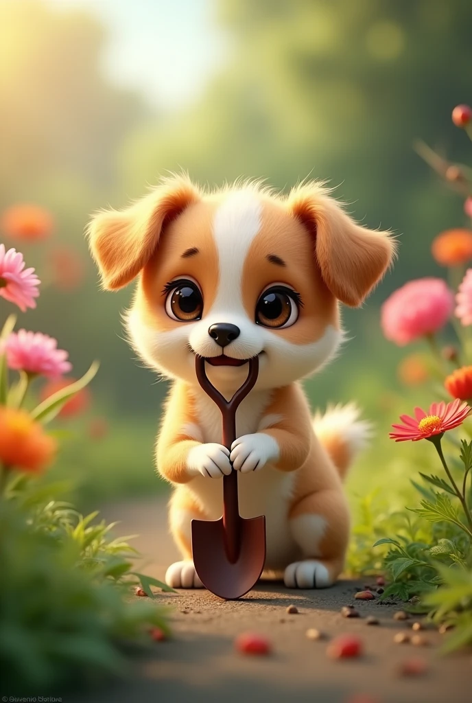 Cute dog holding a shovel