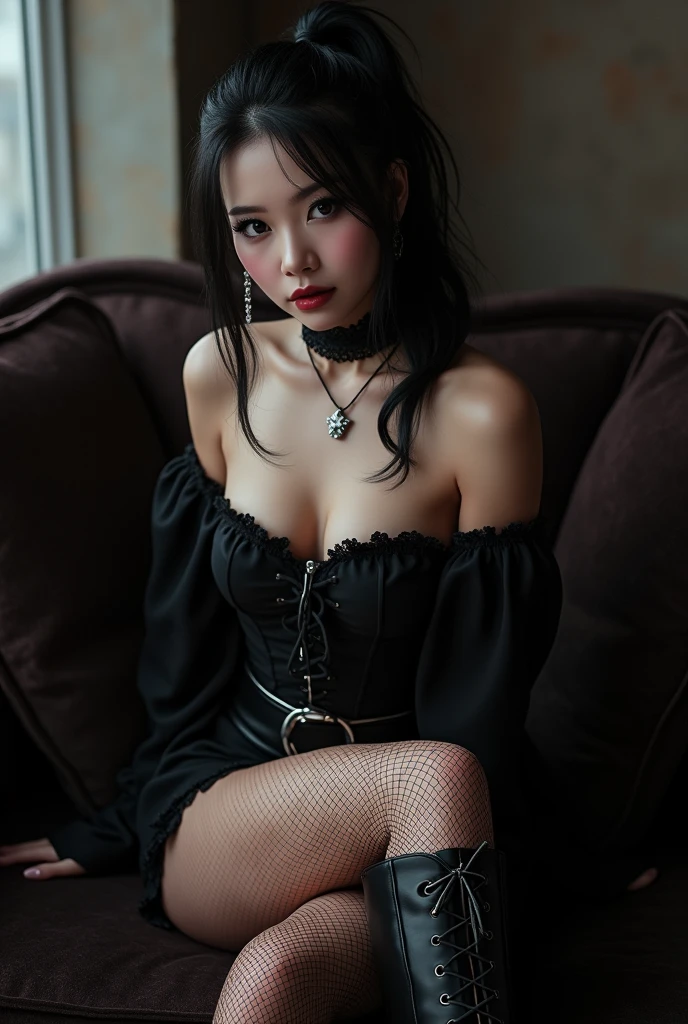 Erotic goth asian  woman with fishnets short skirt and boots sitting on the sofa 