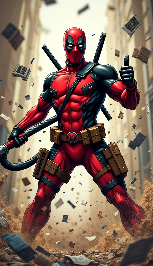 Deadpool with a Vacuum Cleaner**: Deadpool cheerfully holding a vacuum cleaner with a thumbs-up, surrounded by a whirlwind of dust and clutter being sucked up.