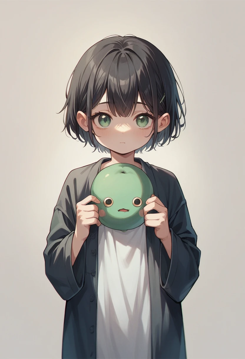 a small female child with black hair and light green eyes.....