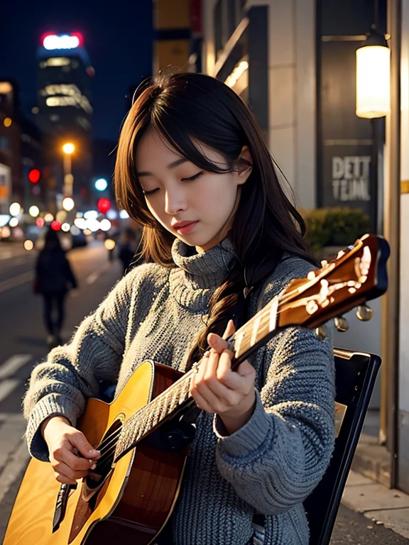 Winter street corner。night。Beautiful female street musician playing guitar。