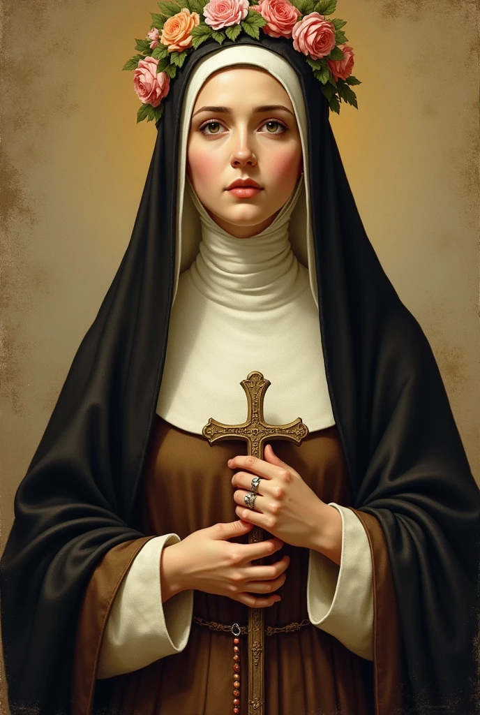 Saint Rose of Lima: outfit: She wears a Dominican habit, usually white with a black or brown coat. Sometimes, The habit is adorned with a crown of roses.
Crown of roses: She often wears a crown of roses on her head., symbolizing his dedication to spiritual life and his name.
cruz: You may have a cross in or near your hand., representing their faith and devotion.
rosario: She is often shown with a rosary., which reflects his devotion to prayer.
Stigmas: Some representations show her with stigmata, the signs of his suffering and spiritual dedication.
Character: His expression is usually serene and compassionate., reflecting his life of humility and service.