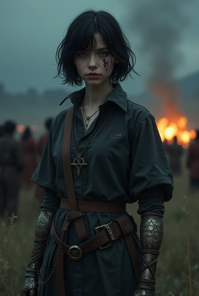 Girl with short black hair, from the realistic middle ages, light eyes dark clothes with a prosthesis on the left arm detailed steampunk with pentagram, cut on the face,  look of suffering, dagger, the night, with a religious group with fire behind.
