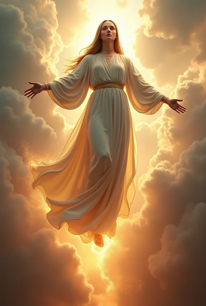 Stunning Our Lady of Fatima with the Rosary in her hand, coming down from heaven with open arms. photo in 8k, in action, cinematic. fire. Delicacy.