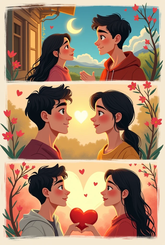Create a store board with six comics about a love story