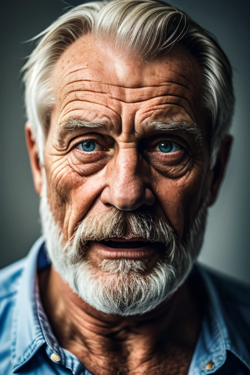 portrait of an old white man, bearded, wrinkled, scared, com olhos azuis penetrantes, eyes wide, mouth open in fright, detailed face, High details, fot, dark studio, rim-light, Nikon D850, 50mm, F/1.4
