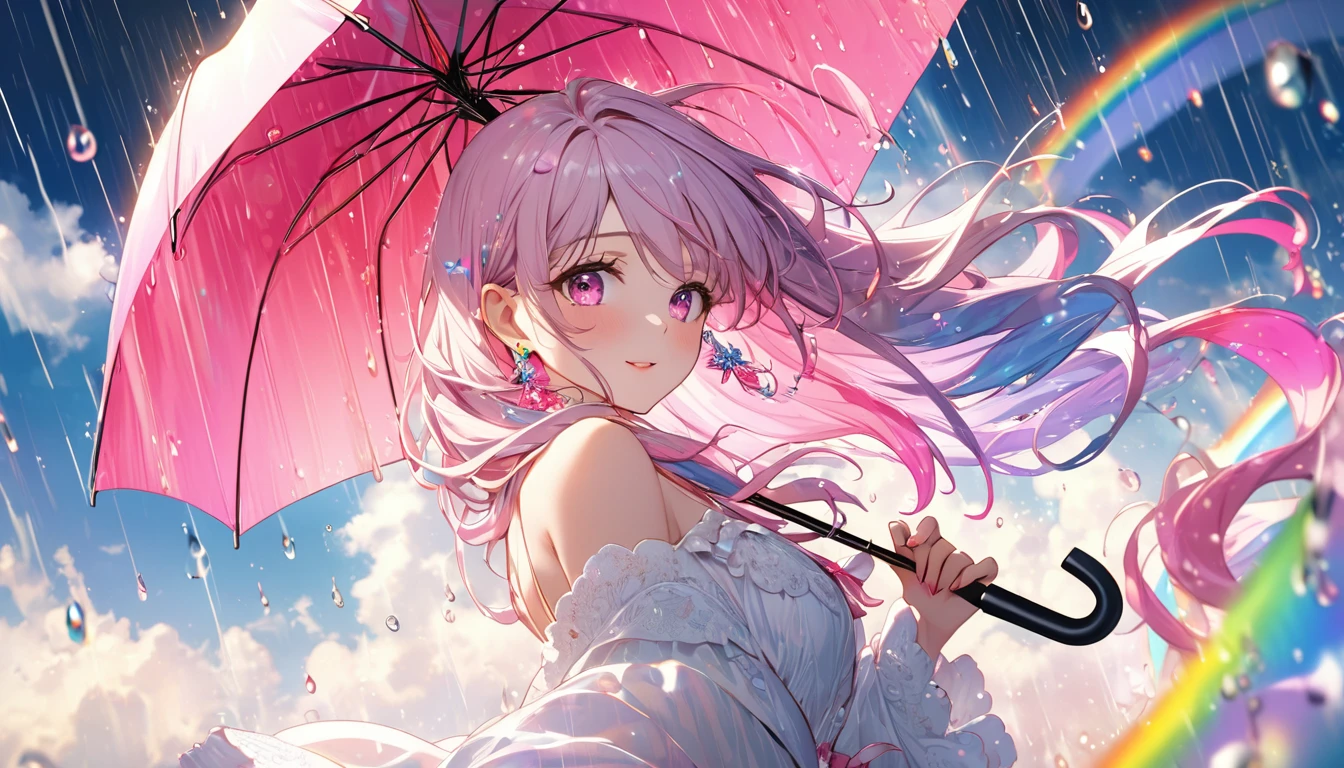 Highest quality, Super Fine, 16K, Unbelievably absurd, 2.5D, Very detailed, delicate, Flashy and dynamic depiction, Beautiful woman having fun with an umbrella, Like a scene from a movie, Rainbow-colored rain pours down, splash, Sunlight passing through the clouds, Twinkle effect、 Pink Eyes, Long Hair, Earrings,  Bright Eyes, Pink Cheeks
