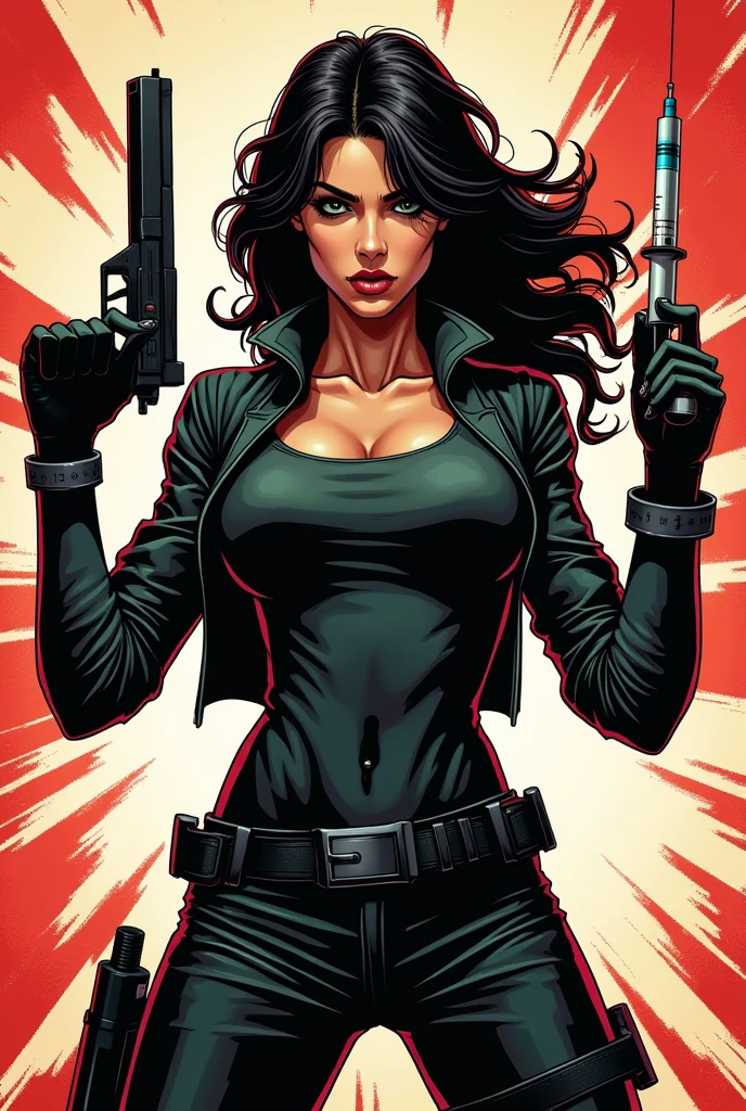 Woman holding gun in one hand and a syringe in the other comic strip