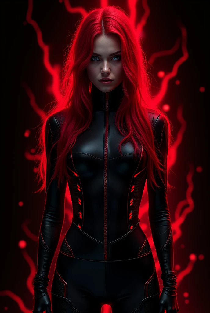 a woman with long red hair standing in front of a black background, In the style of Ilya Kuvshinov, emitting an evil red aura, red neon, by Hiromu Arakawa, 2020s promotional art, photography of a woman in techwear, 21:9 , comic book cover