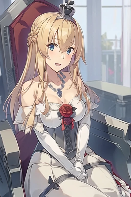 warspite \(kancolle\),((masterpiece)),(((best quality))),((ultra-detailed)),((illustration)),((disheveled hair)),((frills)),(1 girl),(solo),1girl，blonde hair, blue eyes, braid, breasts, cleavage, corset, crown, dress, flower, french braid, hair between eyes, hairband, jewelry, long hair, long sleeves, machinery, mini crown, necklace, off-shoulder dress, off shoulder, open mouth, red flower, red ribbon, red rose, ribbon, rose, scepter, smile, solo, throne, warspite \(kancolle\), white dress, Official attire
