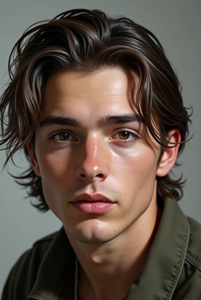 Young Male, brown longish hair slicked back, dark brown eyes, fair skin, looks similar to carl gallagher mix with finn Nelson, realistic 
