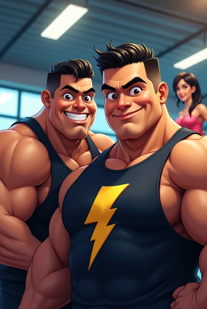 couple: one muscle dirty pinoy guy big big eyes in black sando and big tummy, walky selfie with another pinoy men big eyes holding jumping ropes and tumblers, wrapping them together, logo on shirt like a lightning ⚡
a girl and boy couple on background doing gym