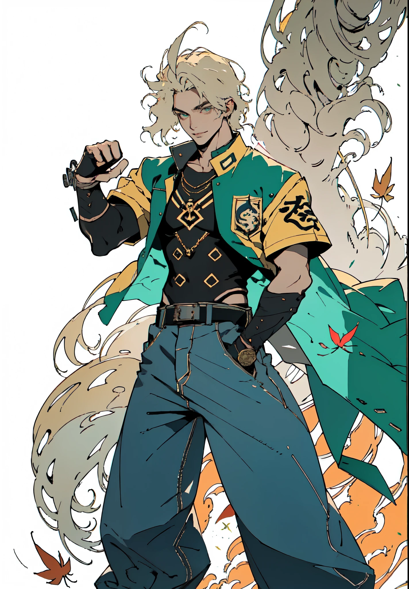 (masterpiece:1.2, best quality:1.2, extremely delicate:1.2), ((male:1.5)), a young man with blonde hair, wearing a red baseball cap backward, messy bangs windblown, a handsome face, a lazy gaze, a confident smile, a fantasy-realism style blue work vest jacket, underneath is a dark blue denim long robe with a long hem, a leather belt, loose coarse cloth trousers, strikes a kung fu pose in a horse stance, as fallen leaves are swept up by a whirlwind around him, this character embodies a finely crafted fantasy-realism style kung fu warrior in anime style, exquisite and mature manga art style, dramatic, high definition, highres, ultra-detailed, ultra-fine painting, professional, perfect body proportions, golden ratio, anatomically correct, symmetrical face, extremely detailed eyes and face, high quality eyes, creativity, RAW photo, UHD, 32k, Natural light, cinematic lighting, (masterpiece-anatomy-perfect:1.2)