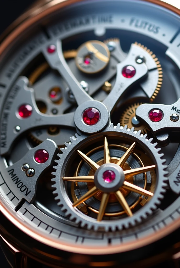 Close-up of the mechanism of an automatic watch open heart watch camera focused on all the gears and movement mechanisms, its entire mechanism with (((red rubies))) Very bright and beautiful pinions, very detailed and perfect seen through the very fine and bright glass mica, Highly polished stainless steel metal case.