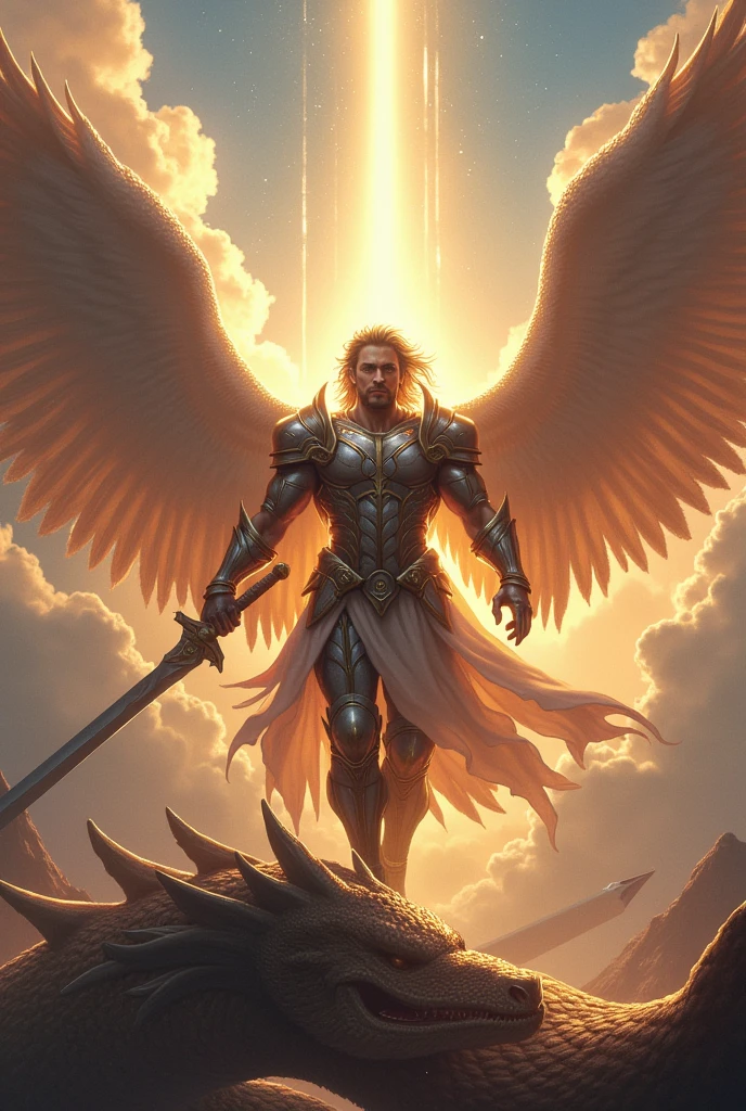 Wallpaper of an image of a warrior angel with big wings, with the sword fighting a dragon.