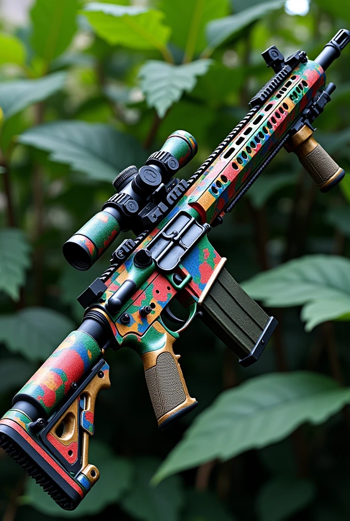 Very colorful rifle, with camouflage background 