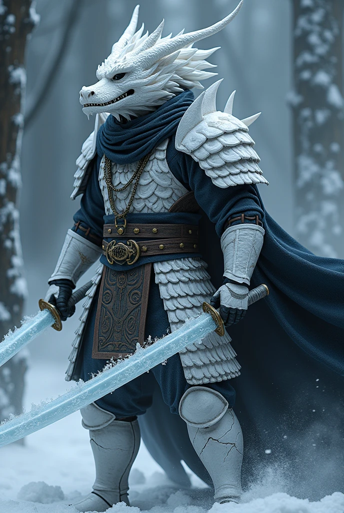A samurai with white dragon armor and 2 frozen katanas and a black cloak so that his face cannot be seen.