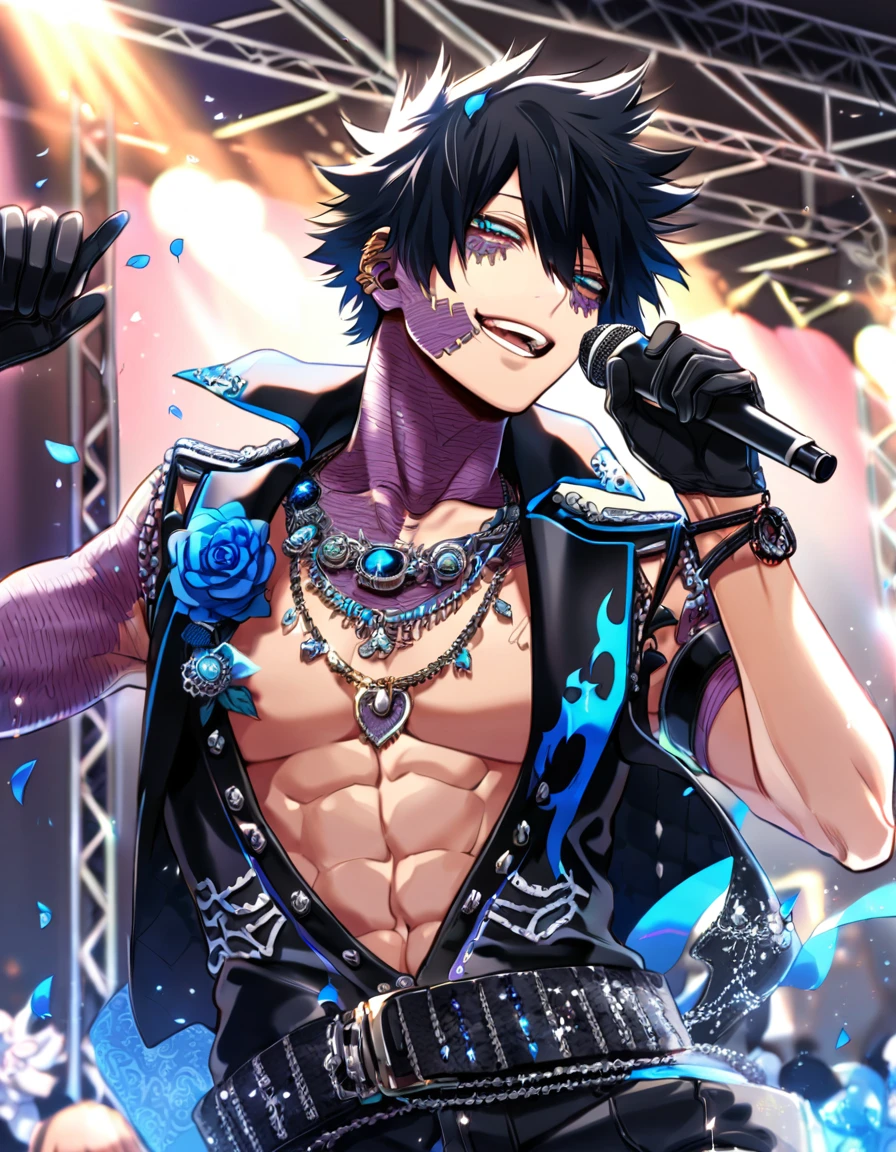 Ultra detailed, Highres, absurdres, HDR, master piece, Dabi, black hair, expressive turquoise eyes, Boku No Hero Academia, sexy man holding a microphone, solo, rocker, black rocker clothes with trimmings, blue petals, glittering, black gloves, blue flowers, sensual, fantasy, idol stage, concert, manly man, horny, erotic, close up, handsome smile, visual kei, black clothes, blue flames