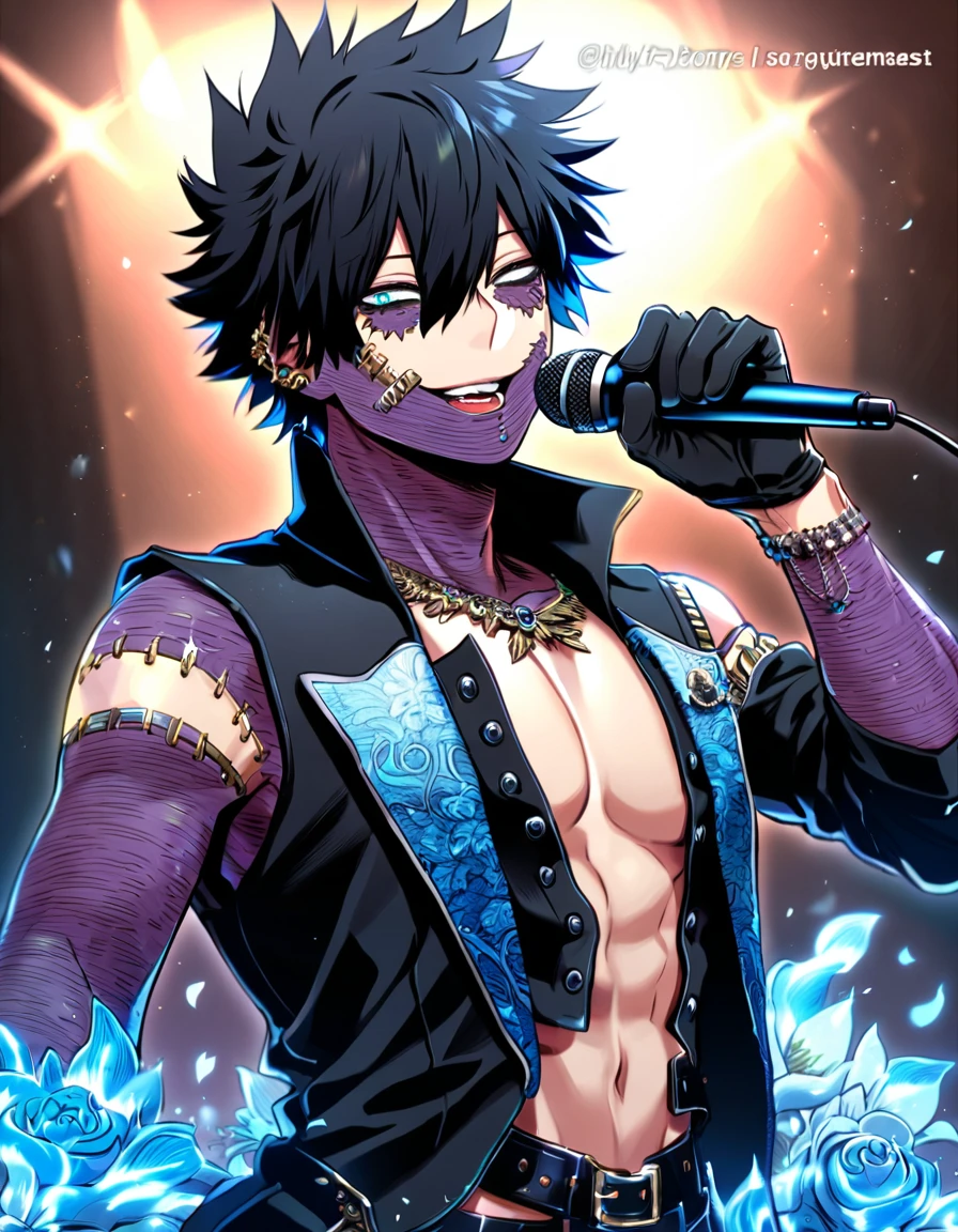 Ultra detailed, Highres, absurdres, HDR, master piece, Dabi, black hair, expressive turquoise eyes, Boku No Hero Academia, sexy man holding a microphone, solo, rocker, black rocker clothes with trimmings, blue petals, glittering, black gloves, blue flowers, sensual, fantasy, idol stage, concert, manly man, horny, erotic, close up, handsome smile, visual kei, black clothes, blue flames