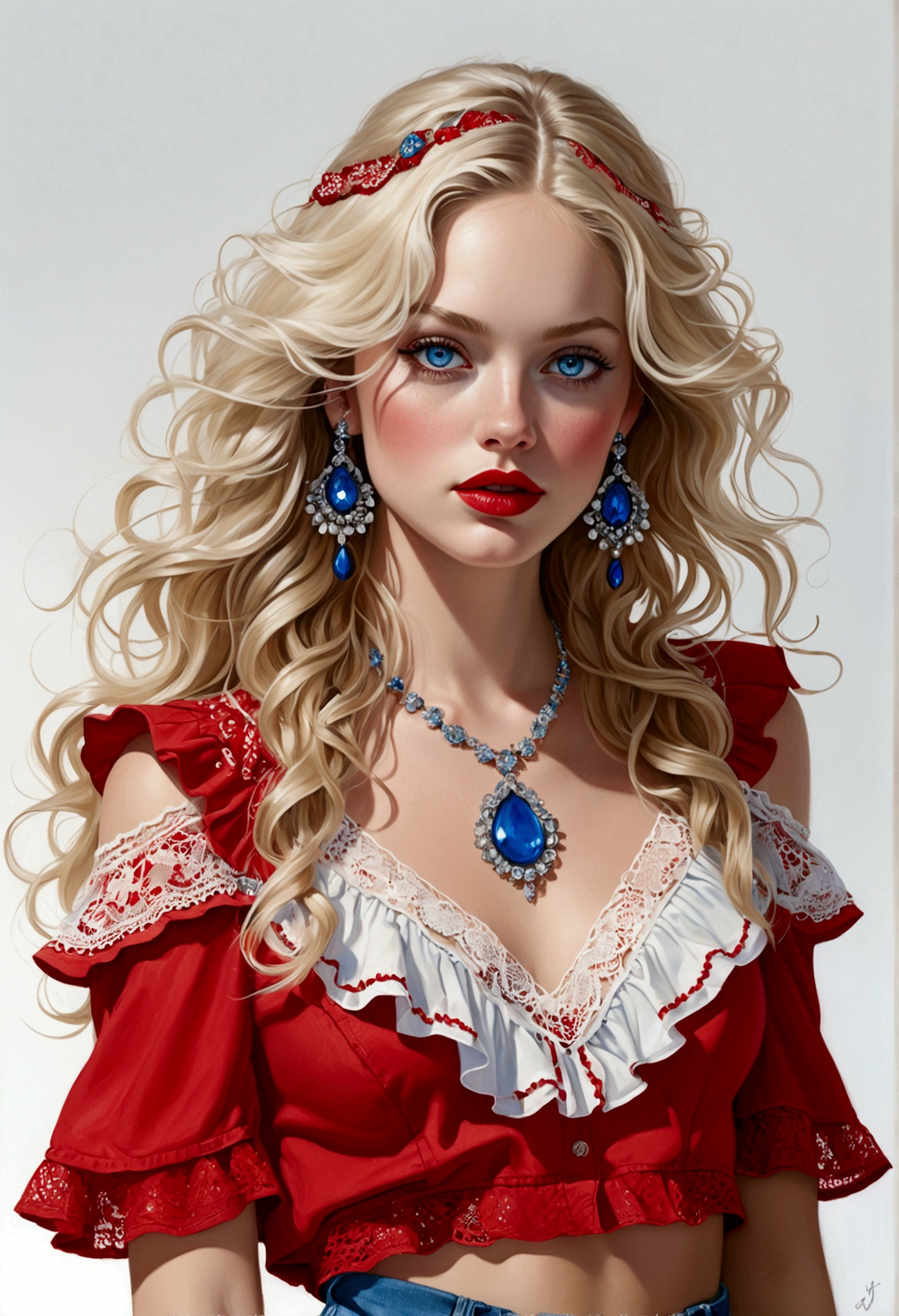 .Illustration of a woman adorning a red blouse with ruffles and lace details, paired with a denim short skirt, full body view, blond long wavy hair cascading down her shoulders, piercing blue eyes accented by light makeup and striking red lipstick, embellished with intricate accessories, set against a stark white background, executed in the evocative and detailed art style of Jerry Pinkney, ultra-realistic.