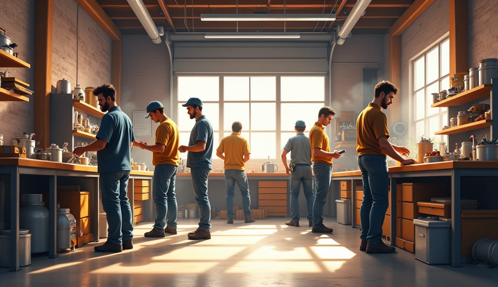 a group of people tidy up the workshop