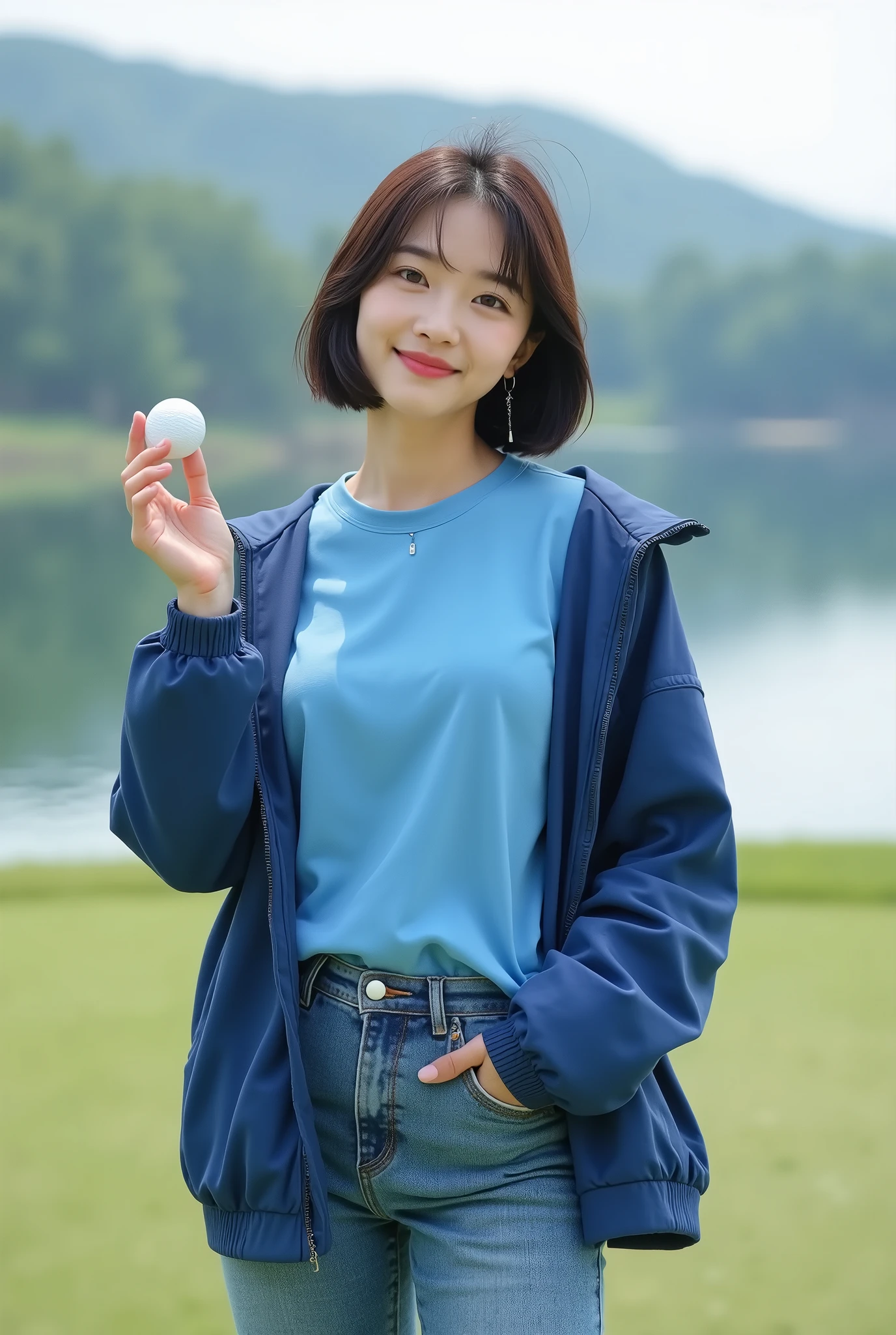 Highly realistic 8k photos, reservoir background, Hold the golf ball with one arm out to the side and in plain view., The other hand is in the pocket, Korean woman, Wearing a blue T-shirt and a blue jacket on top, Wearing jeans, standing face to face, Looking at the camera, short hair, A little smile, Full focus