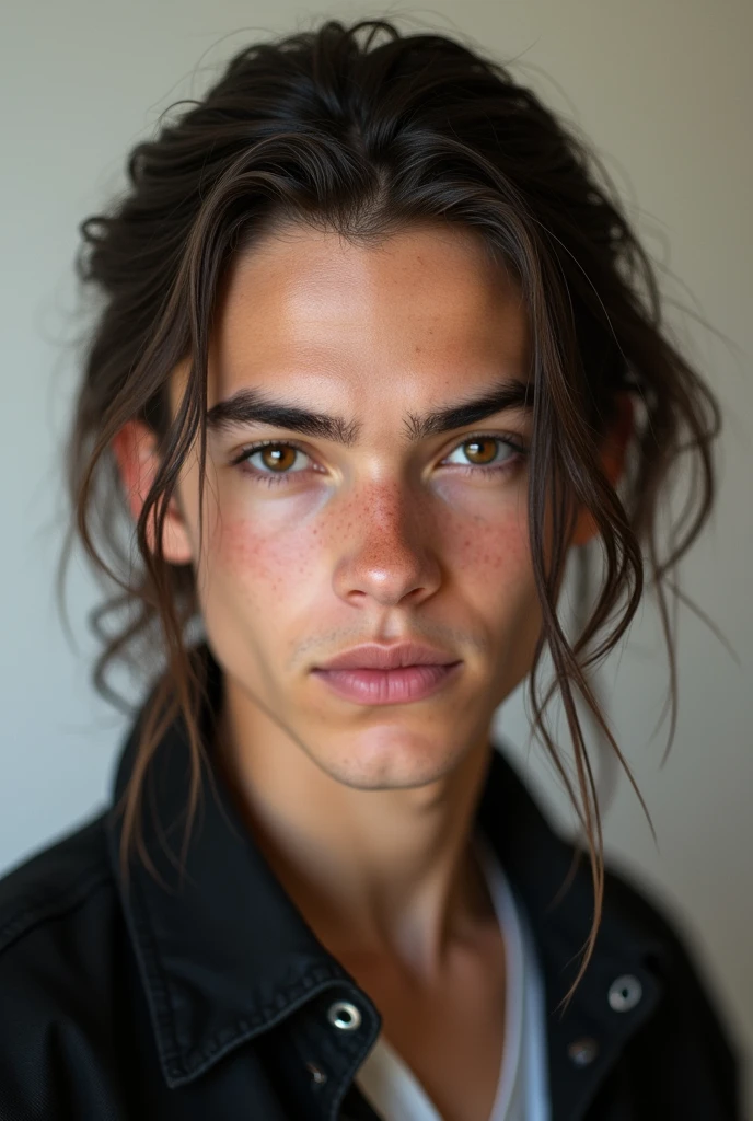 Young Male, brown longish hair slicked back, dark brown eyes, fair skin, looks similar to carl gallagher mix with finn Nelson, realistic