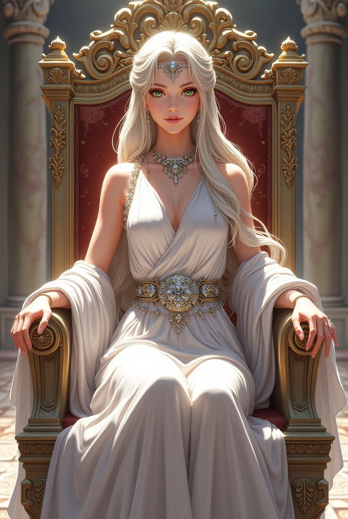 queen of ancient greece, 30 years old ,with white clothes and silver jewelry, ((anime styling)), sitting on throne. 