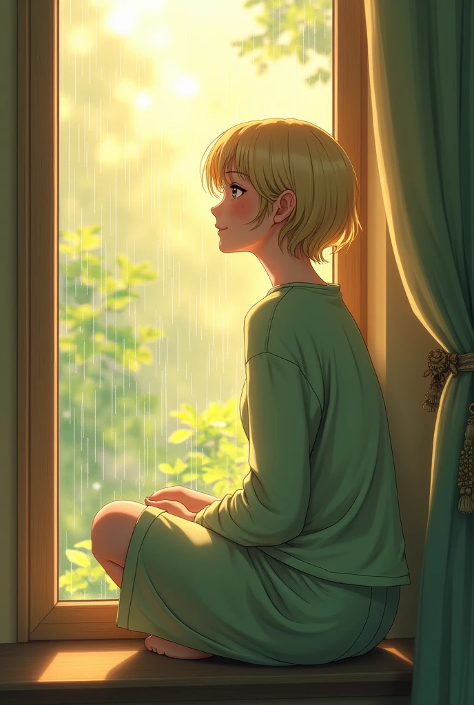 in harmony Emily sat by her window, watching the **soft rain** fall in delicate patterns against the glass.mixed with warm sun , white women with blonde short hair and No deformities in the face, hands and body and smile in her face And eyes shining with joy She looks like a normal human being.Without distortions Wearing a long shirt and a long skirt green