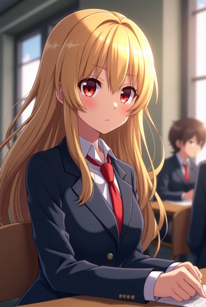 Screenshot of my ver academy.
Girl with long blonde hair, Crimson red eyes and has an explosive expression, She is wearing the UA uniform and in the background a UA school class and is sitting at a table next to Bakugo Katsuki.