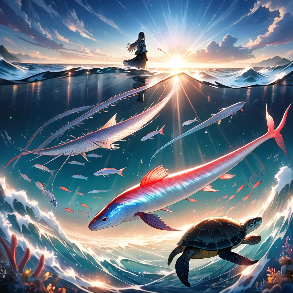 Dazzling Light、lame、A big shining sun、Beautiful and wide sea、One large oarfish、One Turtle、A crow、Transparent and beautiful lighting, Artistic design、Pop Fantasy, Vast views、Detailed depiction、Xin Haicheng、Sparkle Effect, Soft Light, Iridescent Oarfish、White Oarfish、