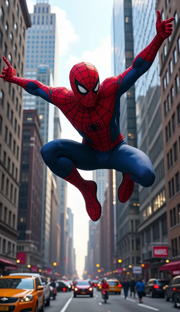 Spider-Man Swinging In**: Spider-Man swinging through the city, with an annoyed expression, approaching Deadpool’s apartment.