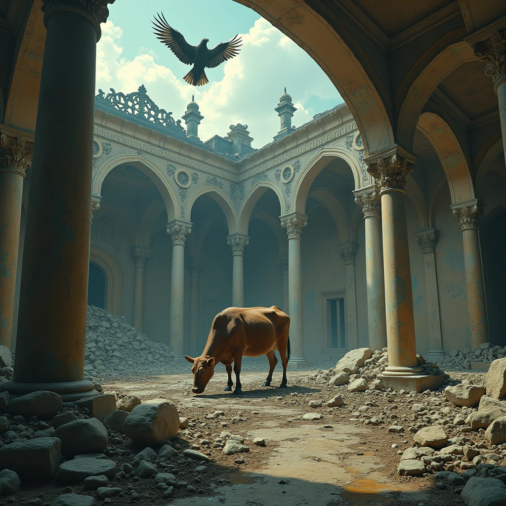 Cows and vultures hovering around a mansion destroyed and abandoned by the war where a cow is in the royal box eating realistic panoramic view inside the mansion



