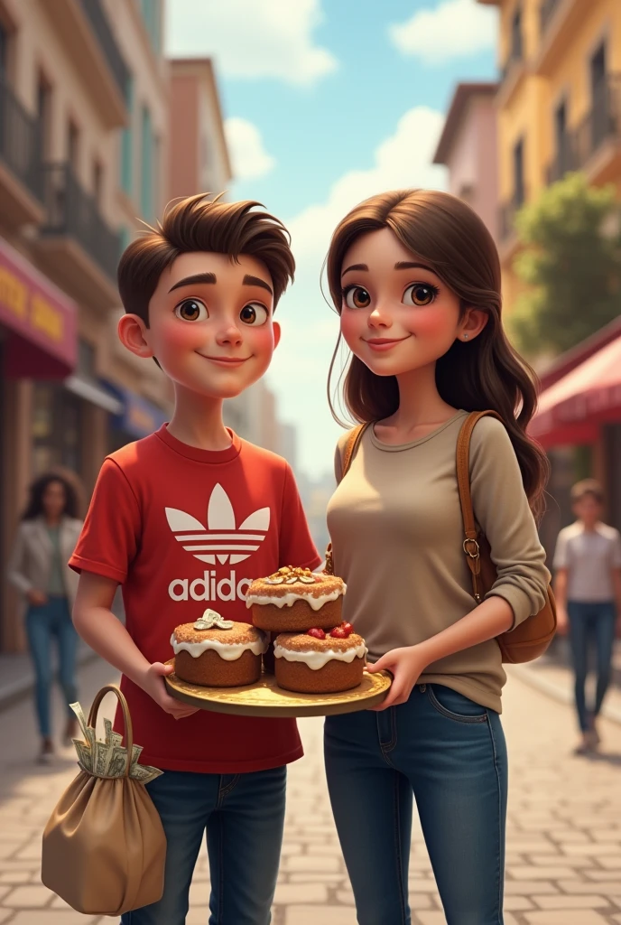 create a photo of a  boy who is 1.75 meters tall and his mother who is 1.60 meters tall with long straight hair, going out to sell cake on the streets of the city with the cakes in their hands presenting .Remember that they sell in stores in the cities, and the boy also has a man's bag with money inside it. remember that their eyes are smiling and staring straight ahead and they don't wear an apron, just the boy wearing jeans and a red adidas shirt and the mother wearing a long-sleeved shirt and jeans, he's a teenager and she's a 30-year-old woman. They are homemade cakes with no simple icing, no icing and bags with handles, the boy is bigger than his mother 
simple cake WITHOUT COVERING WITHOUT FILLING







