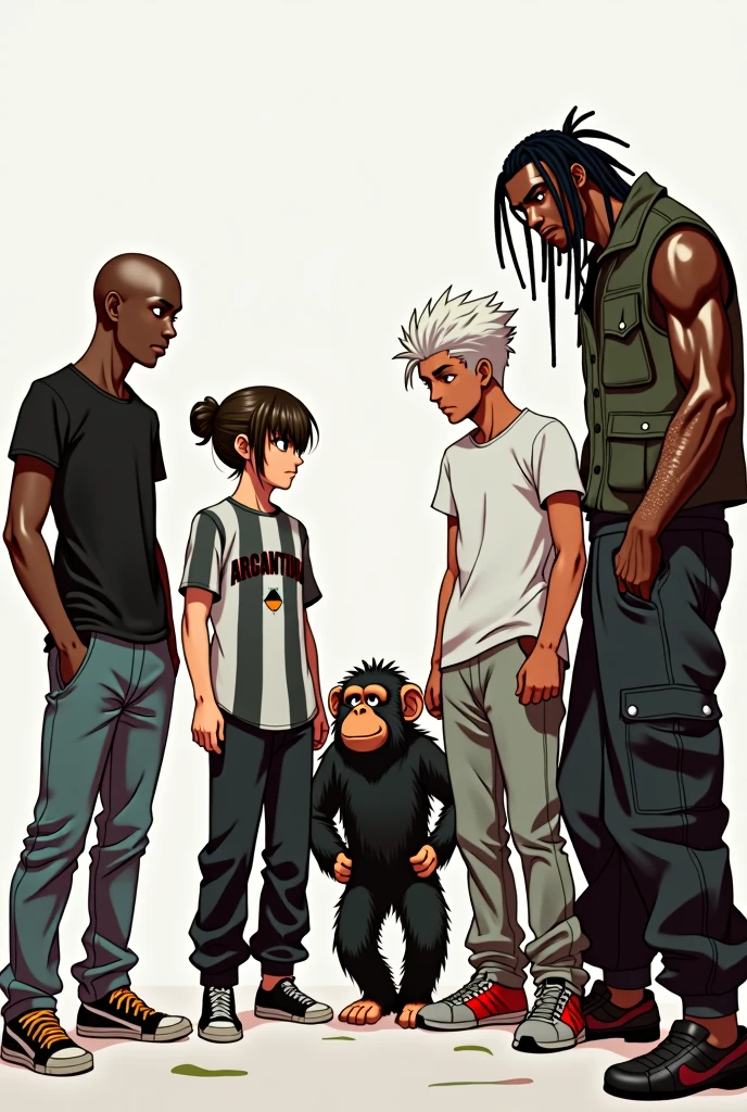 an image with 5 people interacting with each other, a young bald black man in a black t-shirt, a short young woman with bangs and an argentina shirt, a young man with messy, wavy white hair wearing a white t-shirt and baggy pants, a tall young black man with dreadlocks wearing a military vest, and a chimpanzee. Art made with lines from the anime soul eater