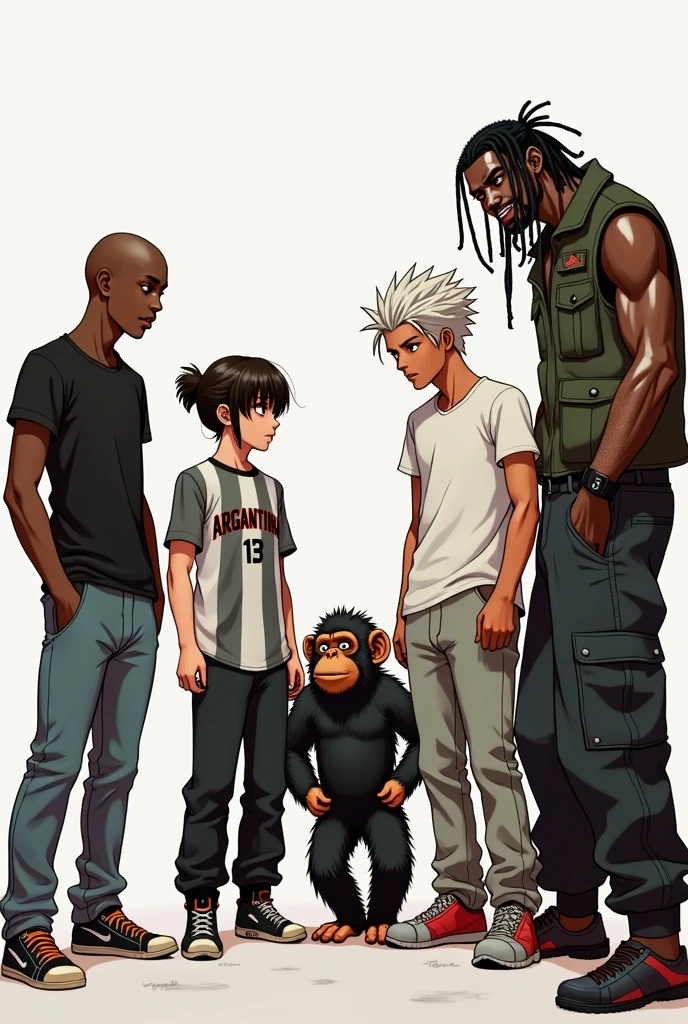 an image with 5 people interacting with each other, a young bald black man in a black t-shirt, a short young woman with bangs and an argentina shirt, a young man with messy, wavy white hair wearing a white t-shirt and baggy pants, a tall young black man with dreadlocks wearing a military vest, and a chimpanzee. Art made with lines from the anime soul eater
