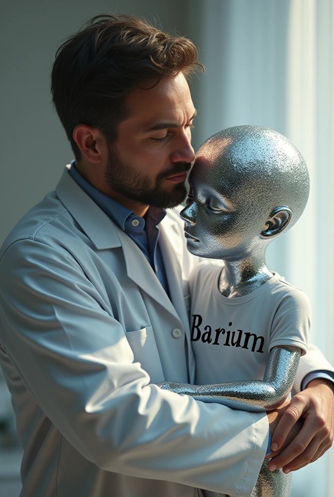 A chemical scientist father who hugs his silver-colored child who is crystallized metallic like the barium on the periodic table of chemists with a t-shirt that says barium