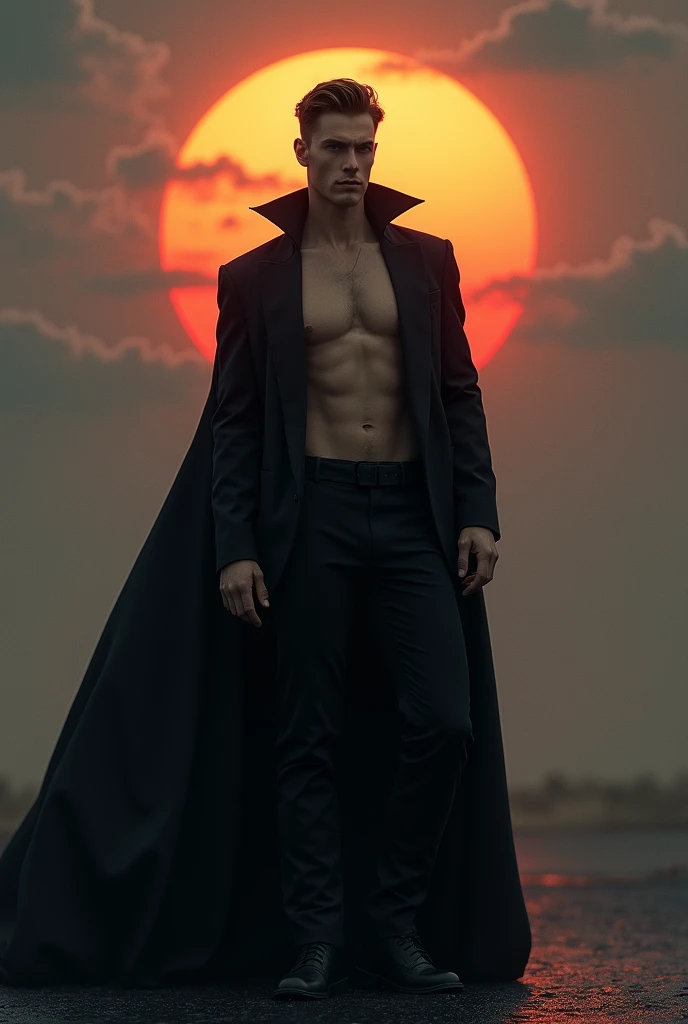 A handsome man with a perfect slim face wearing a long black Dracula suit without a shirt, a cloudy sunset sky, a sun hiding behind a water trail that matches the sun 